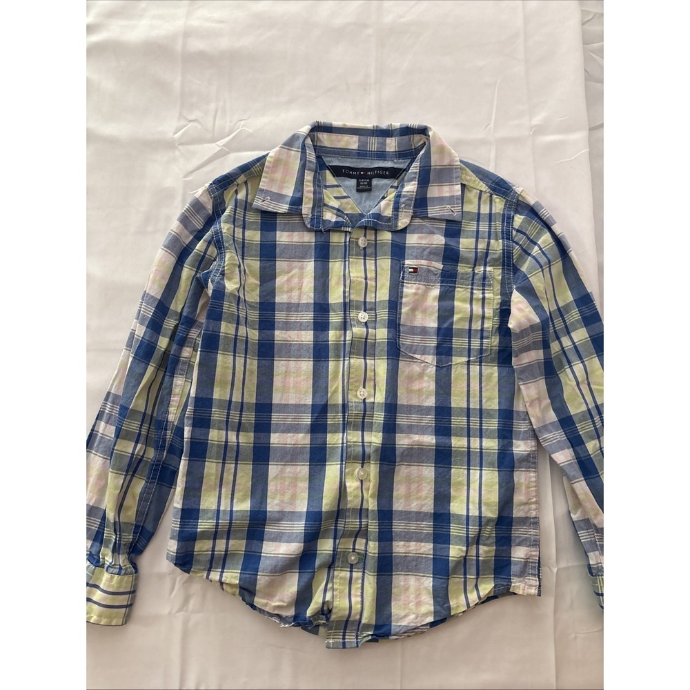 Tommy Hilfiger Boys Button Up Flannel Shirt Blue Yellow Plaid Size S 8/10